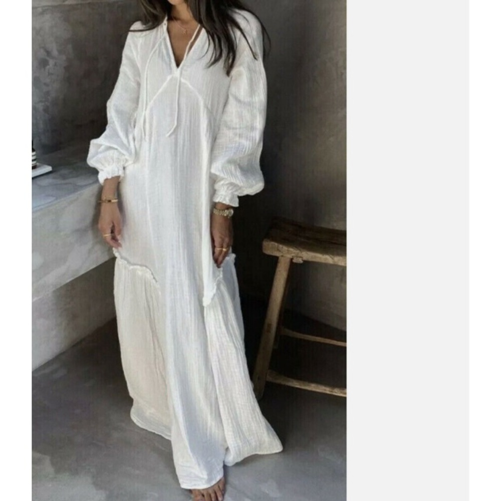 H & M White Gauze Maxi Dress L - Picture 1 of 16